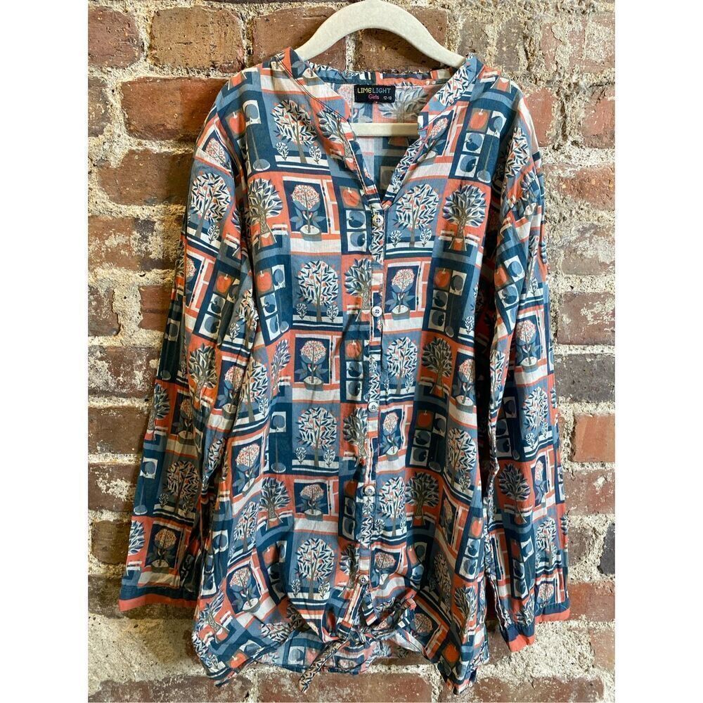 Lime Light Multi Long Sleeve Button Down Top Tie Front Girls 12-13